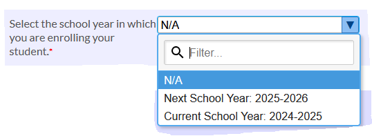 School year dropdown box 2025-2026